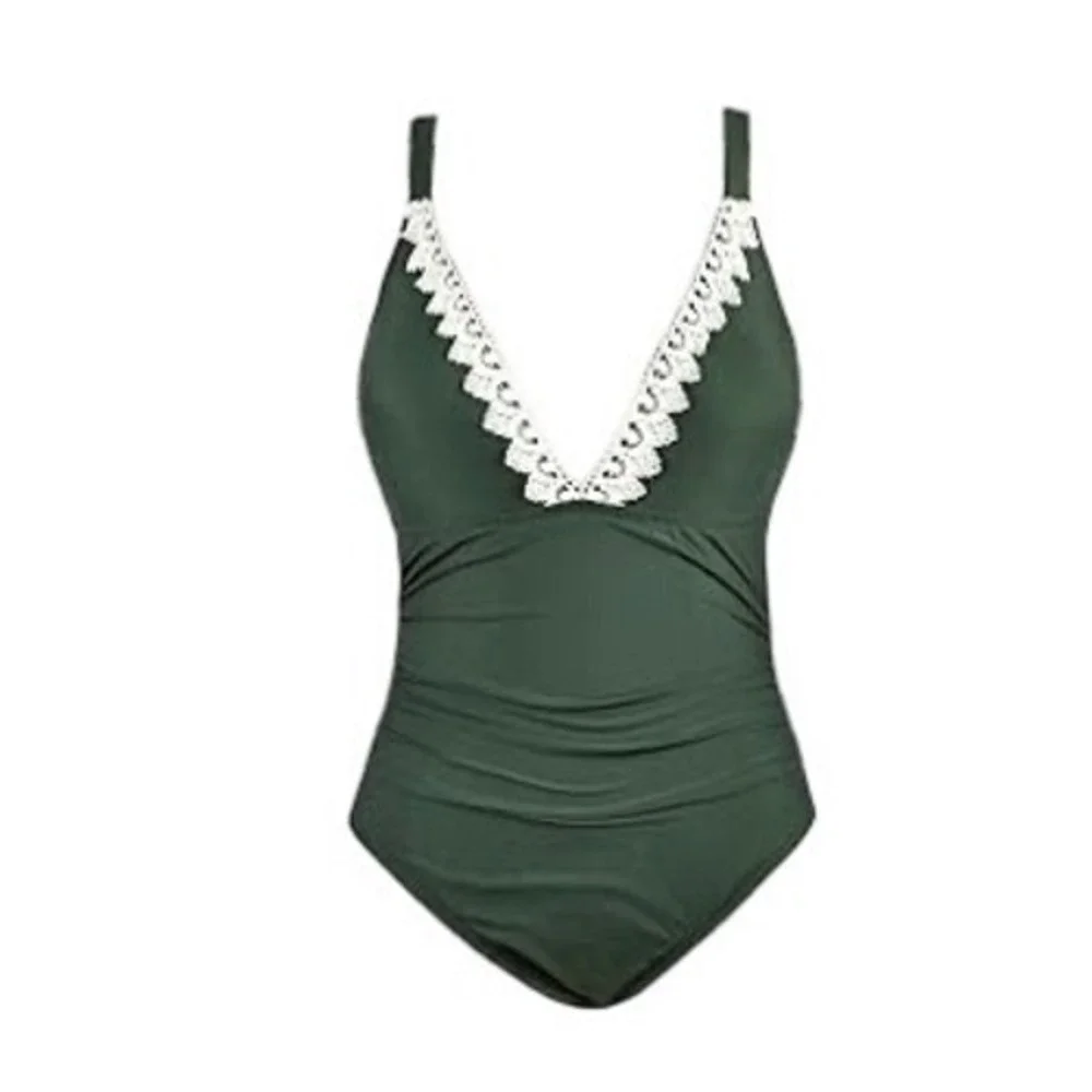 Cupshe Olive Green Ruched Lace Trim Plunging Neck OnePiece Swimsuit, Size M, NWT